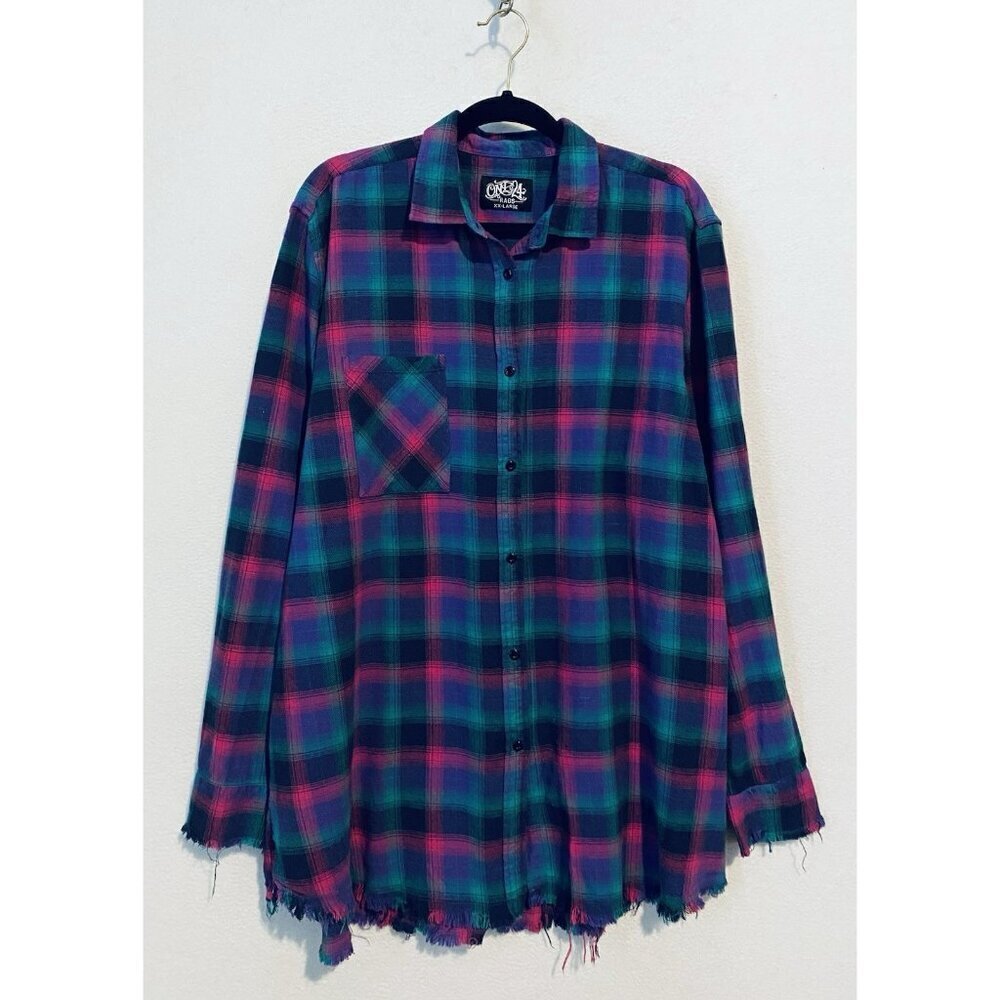 One 24 Rags Top Womens XXL Bright Plaid Flannel Fringe Hem Button Up Long Grunge